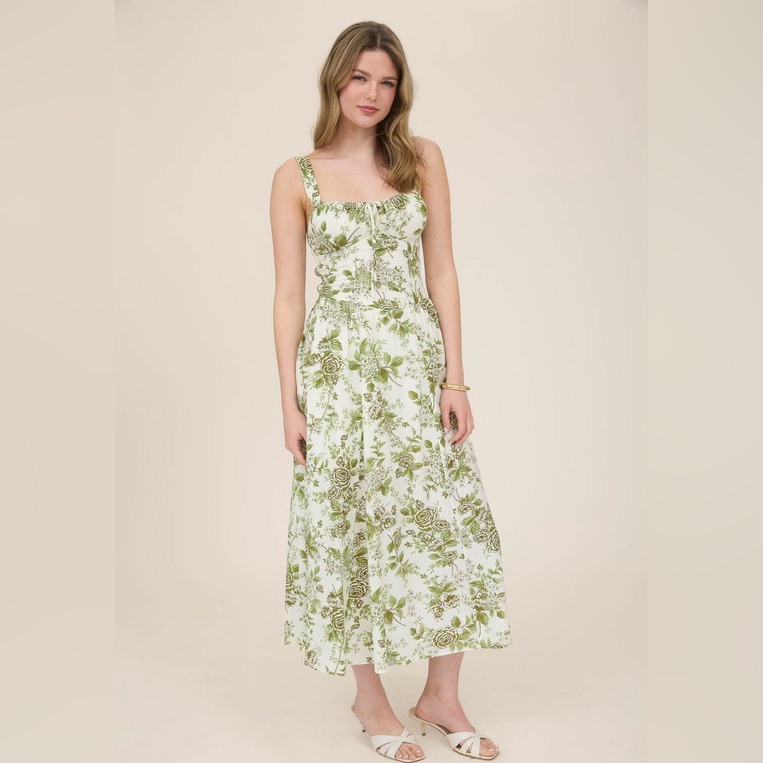 Floral Green And White Maxi Dress - Sleeveless Square Neck